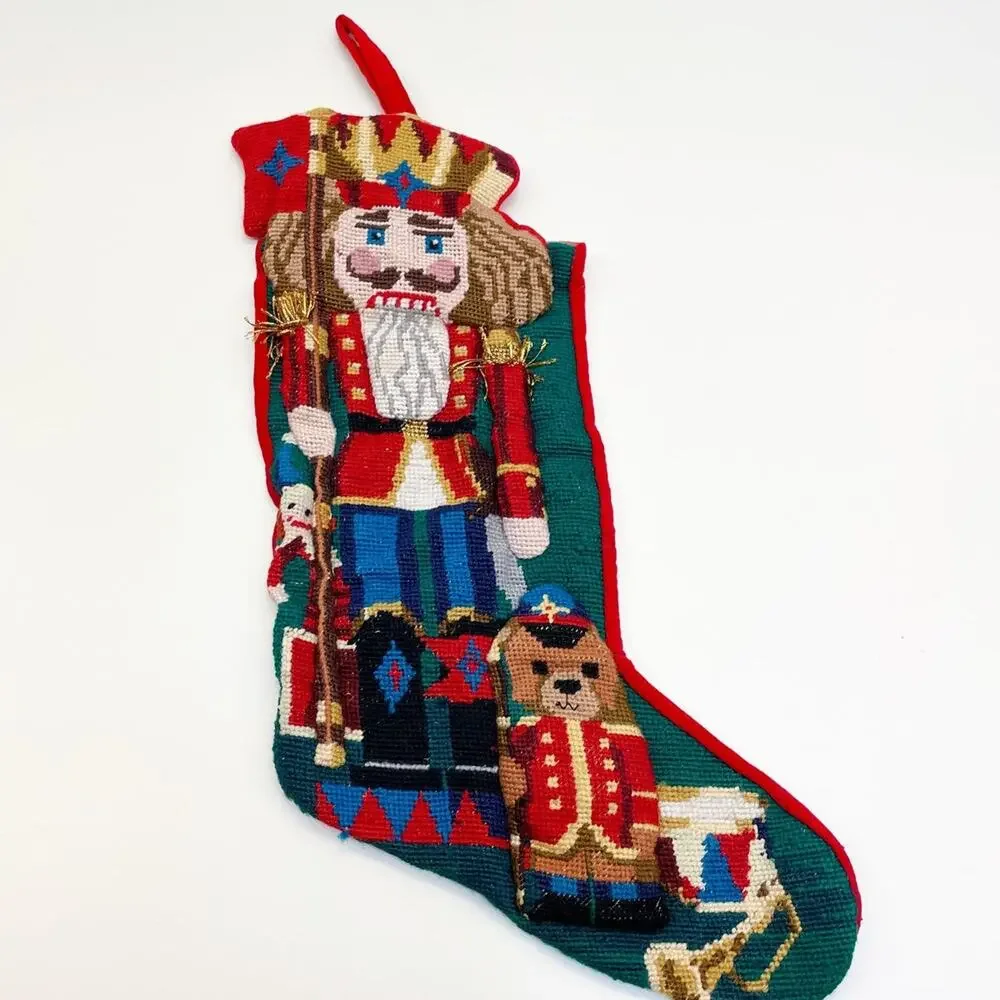 Vintage Needlepoint Wool Christmas Stocking Nutcracker Teddy Bear 3D